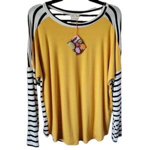 NEW Boutique top Lovely Melody Small striped stretchy tunic mustard Blouse NWT